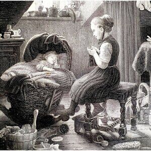 1859 Steel Engraving Watching The Baby Victorian Sisters Family Life Art DWY5D